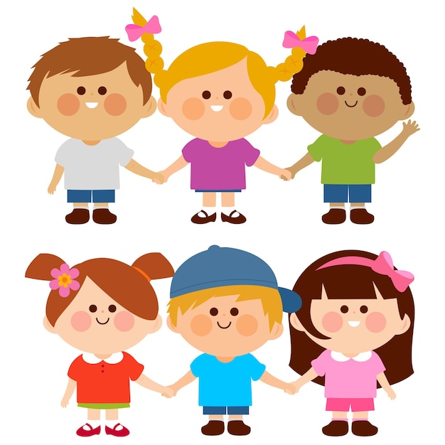 행복한 아이들 다양한 아이들이 한 줄로 서서 손을 잡고 우정 개념