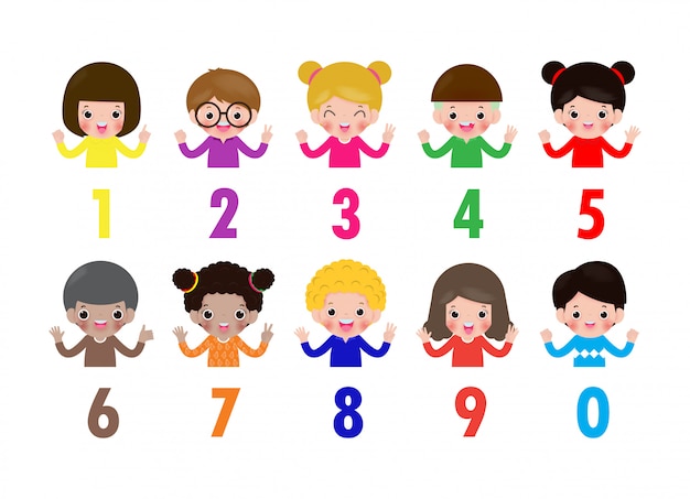 Vector happy children hand showing the number zero one two three four five six seven eight nine kids showing numbers 0-9 by fingers. education concept, cute kids learning material   illustration