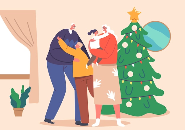 Happy Children Hug Grandparents at Home Interior Family Meeting for Christmas Holidays Vector Illustration