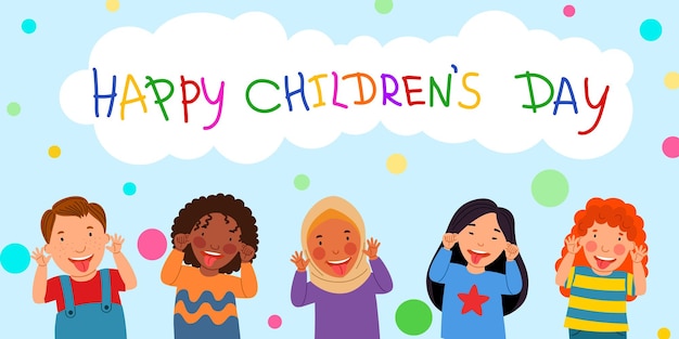 Happy children is a day a postcard with kids who show their tongue a cloud with an inscription