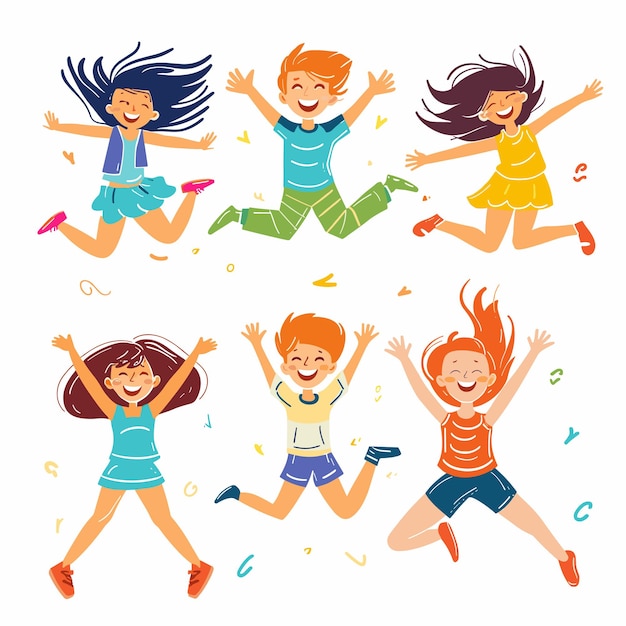 Vector happy children jumping celebrating joyful kids cartoon excited boys girls colorful party