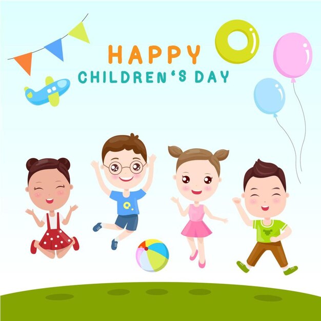 Счастливые дети прыгают с текстом "Счастливого Дня детей"