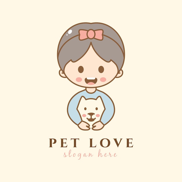 Happy children love dog cartoon friendship mammal puppy hug adorable logo design vector graphic illustration