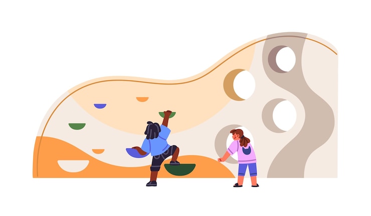 Vector happy children mountaineering on artificial rock kids bouldering climbing on mountain wall friends do alpinism have fun play at playground flat isolated vector illustration on white background