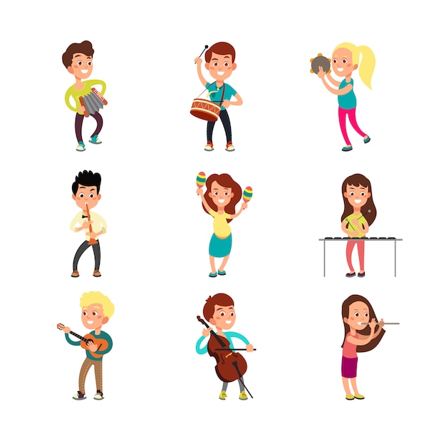 Happy children musicians with musical instruments. Talented kids playing music, singing and dancing cartoon vector characters set