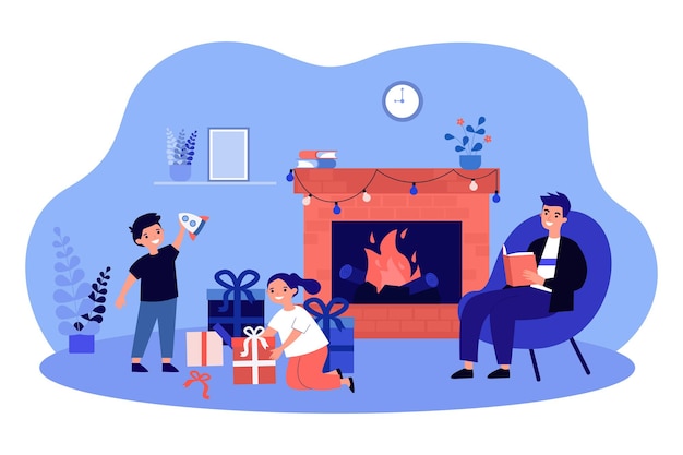 Happy children opening christmas gift boxes. family people celebrating xmas eve near fireplace flat vector illustration. surprise, holiday concept for banner, website design or landing web page