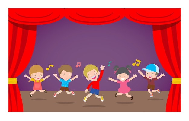 Vector happy children performing dancing and jumping at stage