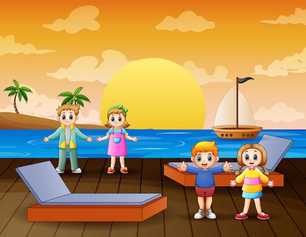 Happy children on the pier illustration