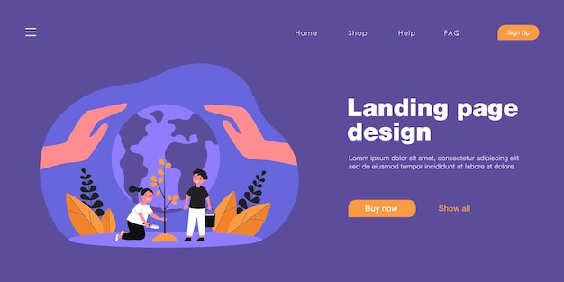 Happy children planting tree together in front of globe. giant hands protecting earth flat vector illustration. ecology, reforestation, environment concept for banner, website design or landing page