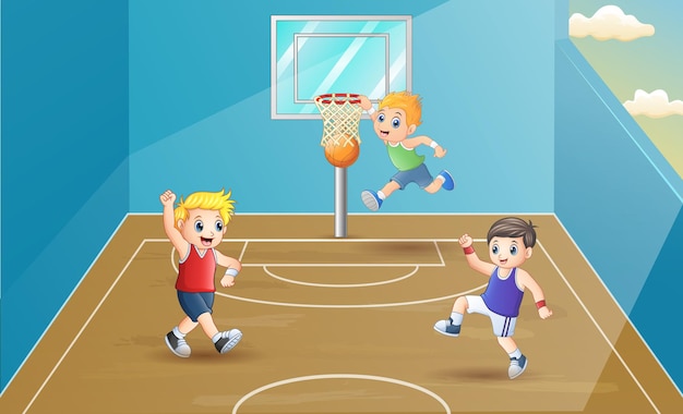 Bambini felici che giocano a basket al palazzetto dello sport