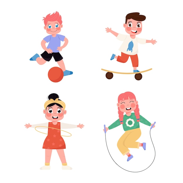 Happy children playing football jumping rope skateboarding spinning in circle in flat style