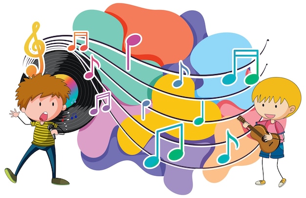 Vector happy children playing guitar and sing with music notes on white