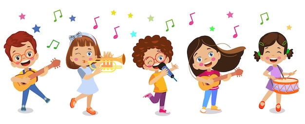 Vector happy children playing instruments and singing