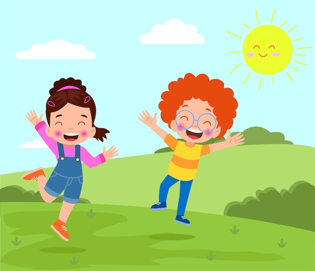 Bambini felici che giocano nel parco illustrazione vettoriale in stile cartone animato
