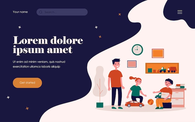 Bambini felici che giocano insieme nella stanza. giocattolo, auto, illustrazione vettoriale piatto divertente. concetto di gioco e infanzia per banner, design di siti web o pagine web di destinazione