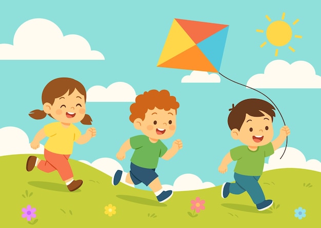 幸せ な 子供 たち が 晴れ の 日 に 外 で  を 乗っ て 遊ん で 走っ て いる 楽しい 夏 の 活動