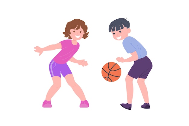 Bambini felici che giocano a sport. ragazzo e ragazza che fanno esercizio fisico. bambini che giocano a basket. infanzia attiva e sana. illustrazione del fumetto di vettore piatto isolato su sfondo bianco