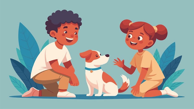 Happy children playing with cute dog friendship and joy vector illustration