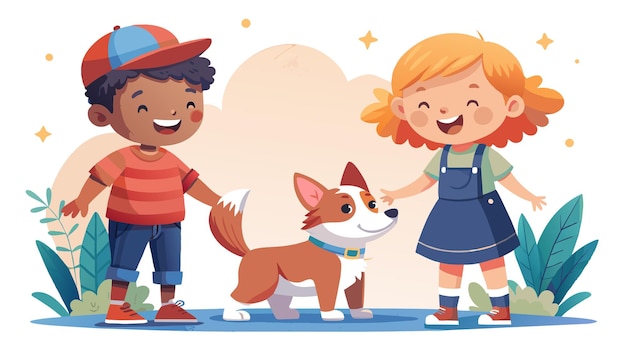 Vector happy children playing with a cute dog outdoors