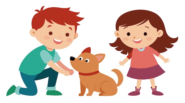 Vector happy children playing with a cute dog outdoors