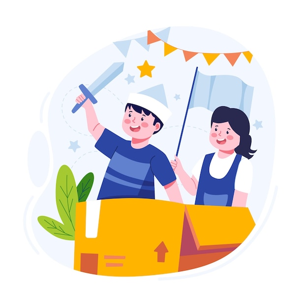 Happy children playing with friend flat illustration