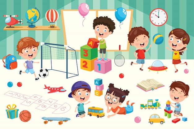 Happy children playing with toys