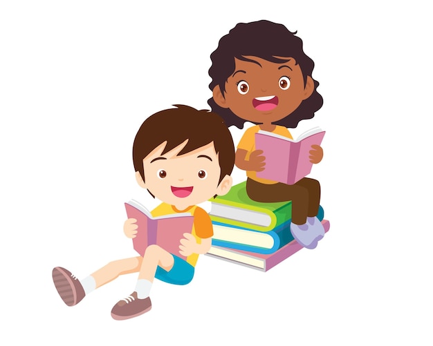 Vector happy children reading book back to school concept kids and book