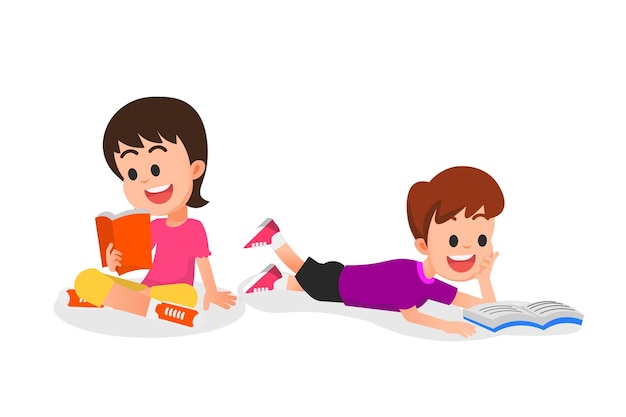 happy children reading books illustration
