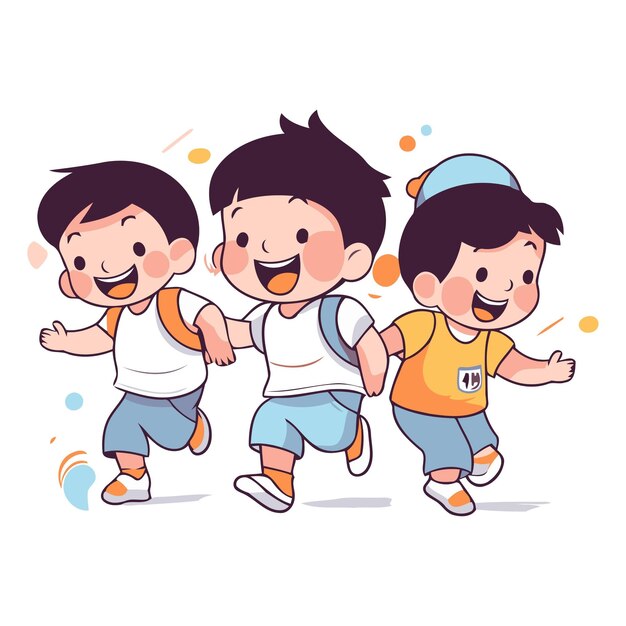 Vector happy children running together cute cartoon character