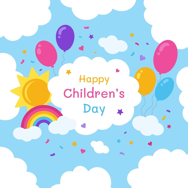 Happy children's day sullo sfondo di un cielo blu con nuvole biglietto di auguri colorato con palloncino