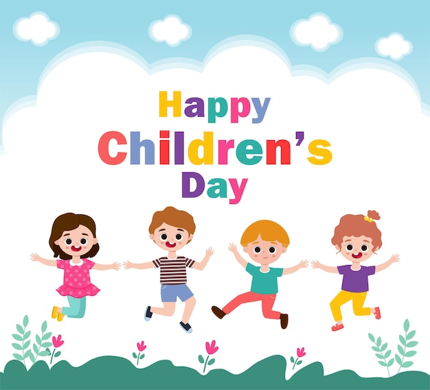 Felice giorno dei bambini banner modello sfondo bambini che saltano e giocano insieme