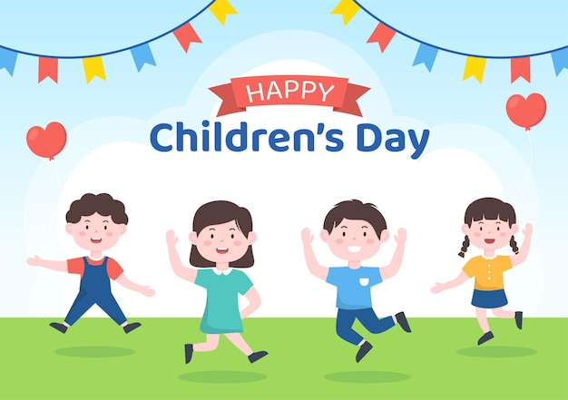 Vector happy children's day celebration with boys and girls playing in cartoon background illustration