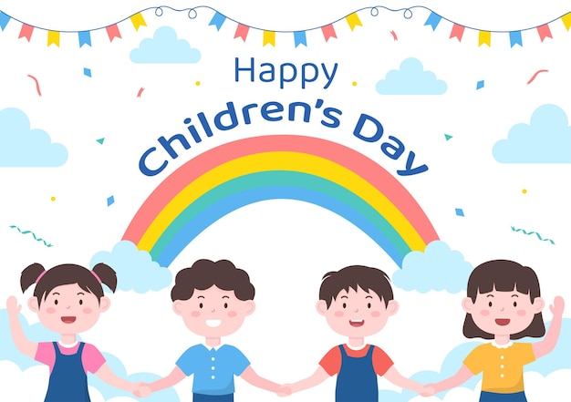 Happy Children's Day Celebration With Boys and Girls Playing in Cartoon Background Illustration