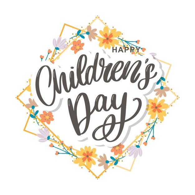 Happy children's day, cute  greeting card with funny letters in scandinavian style and cartoon landscape