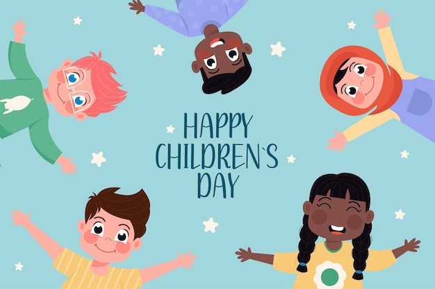 幸せな子供の日の国際的な子供たちは平らな背景に横たわっています