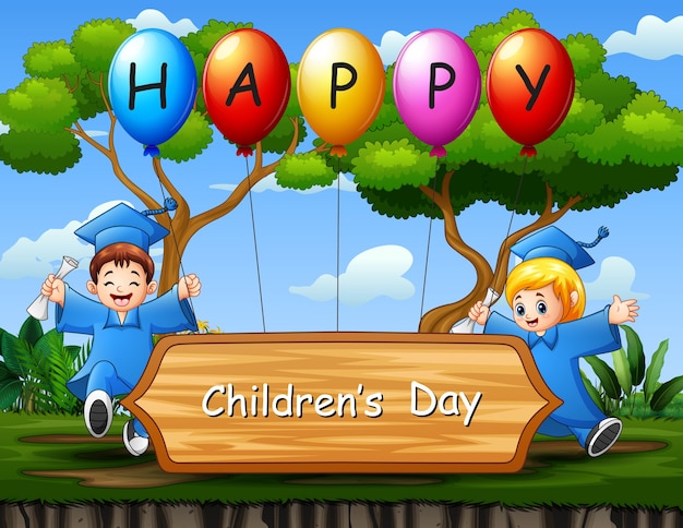 Happy children's day poster with graduation kids illustration