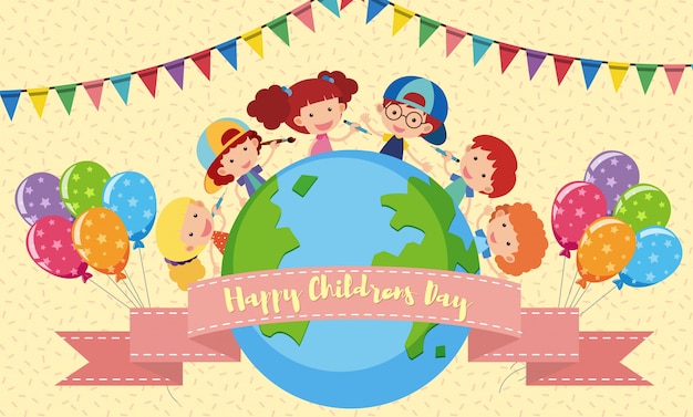 Happy Children&#39;s day poster with kids and balloons