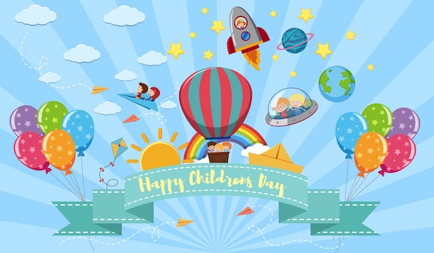 Happy Children&#39;s day poster with kids and toys