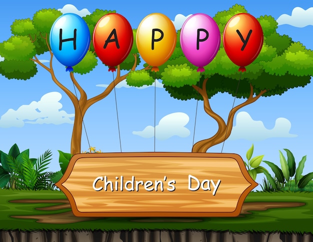 Happy children's day text background with nature background