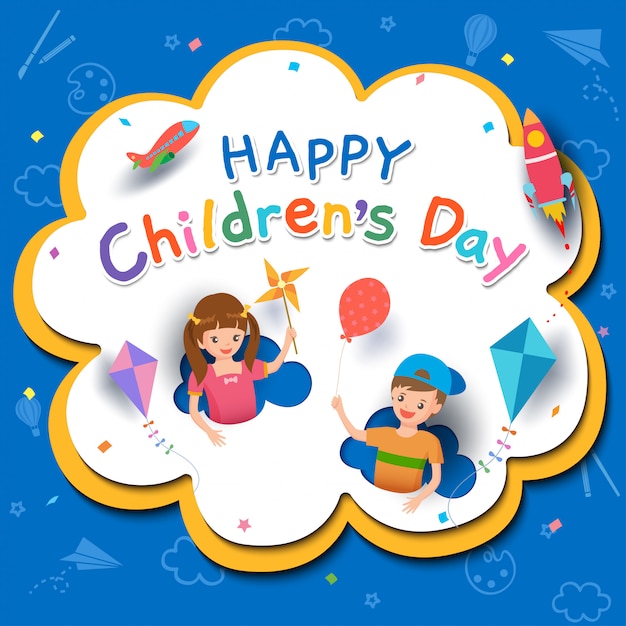 happy children's day with boy and girl playing toys 