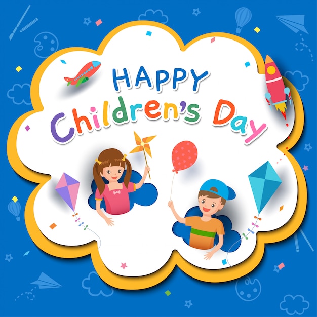 Happy Children's Day with boy and girl playing toys 