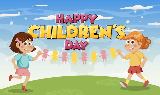 Vector happy children's day with children playing outdoor scene