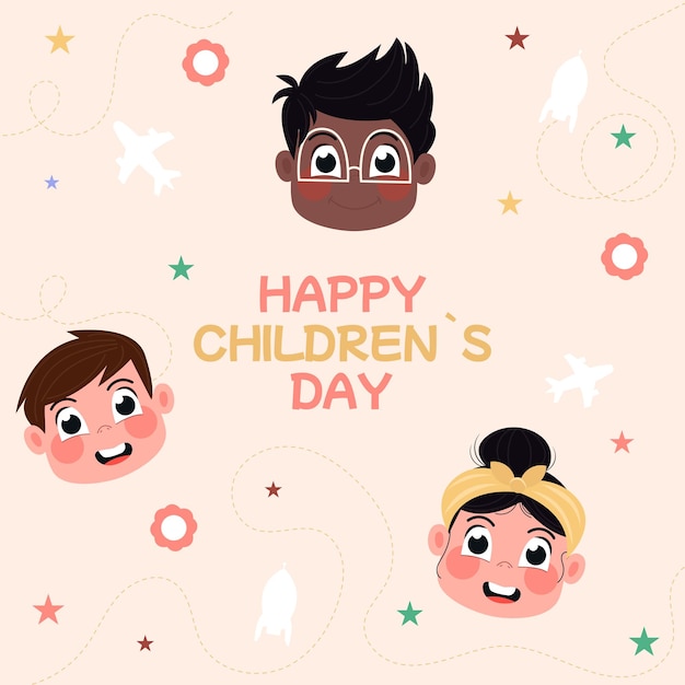 Happy children's day with children's heads on a flat background