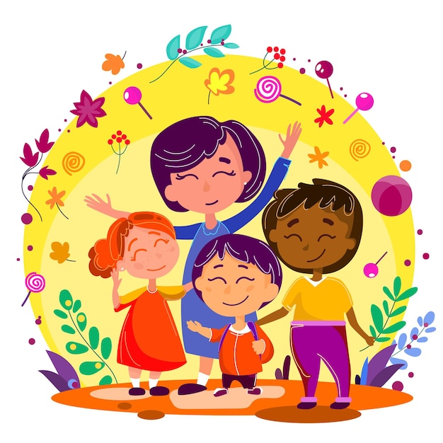 Вектор С днем защиты детеймультиэтнические дети вместе на красочном желтом фоне, векторная иллюстрация