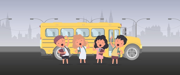 Vector happy children and a school bus. children go to school. yellow bus for school. vetkor.