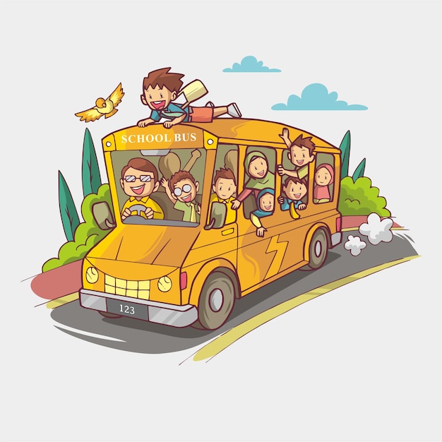 Bambini felici sullo scuolabus arte disegnata a mano