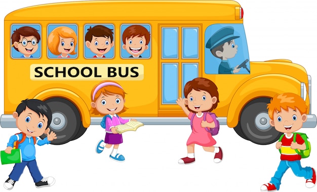 Vector happy children and school bus