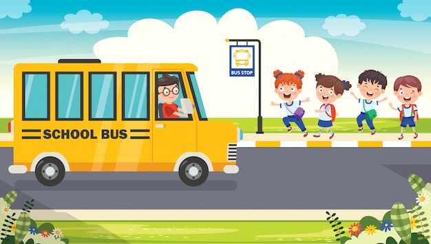 Happy children and school bus