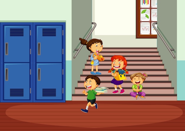 Vector happy children at school hallway