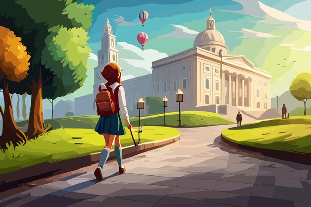 Happy children schoolchildren with backpacks go back to school vector illustration